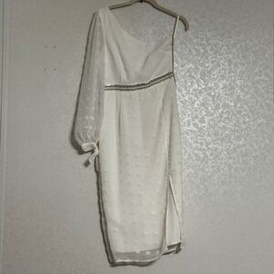 Runaway the Label Alira Midi One Shoulder White Swiss Dot Dress Sequin Trim S 4